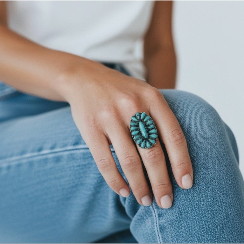 Clover Turquoise & Silver Cluster Ring- Adjustable